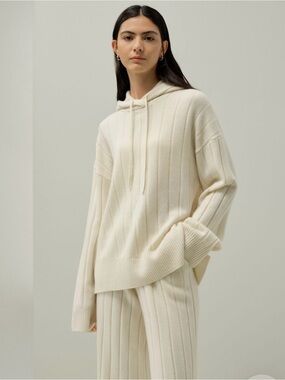 Lilysilk Ribbed Hooded Knit Top White Small EUC